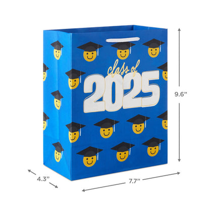 Medium blue graduation gift bag with Class of 2025 and rows of smiley faces in grad caps, Hallmark, gold foil accents, 9.6 inch size

