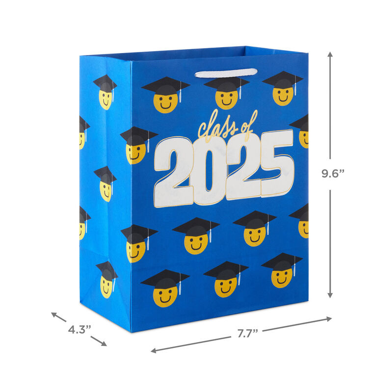 Medium blue graduation gift bag with Class of 2025 and rows of smiley faces in grad caps, Hallmark, gold foil accents, 9.6 inch size
