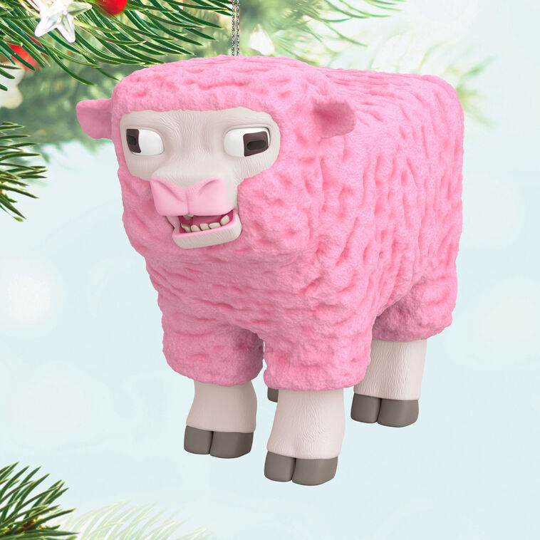 Hallmark Keepsake Minecraft Movie Pink Sheep ornament featuring the rare pink sheep mob with cross eyes and soft woolly texture.