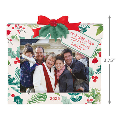 2025 Christmas photo frame ornament shaped like a wrapped gift box with festive bow and sweet message

