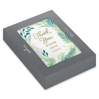Sympathy cards with green fern border and gold foil thank you message, includes 10 blank cards and envelopes for loss or condolence notes