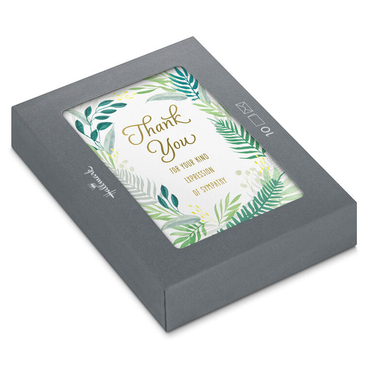 Sympathy cards with green fern border and gold foil thank you message, includes 10 blank cards and envelopes for loss or condolence notes