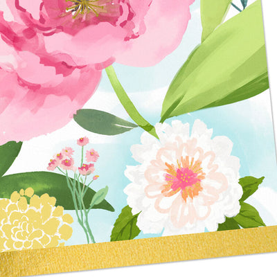 Pink and yellow floral note cards with green leaves on a sky-blue background, framed with gold foil border.
