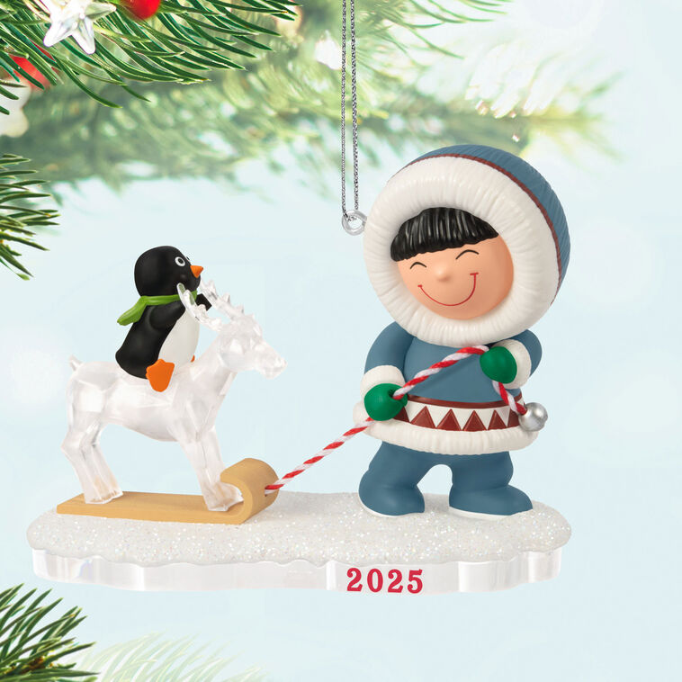 Frosty pulling sled with penguin riding reindeer ice sculpture, 2025 Hallmark Keepsake Frosty Friends Christmas ornament