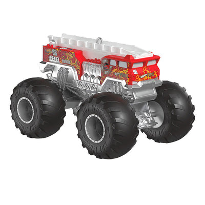 Hallmark Keepsake Hot Wheels HW 5-Alarm Monster Truck ornament, candy-apple red fire truck with big wheels, Christmas decor for kids.

