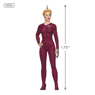 Mini Seven of Nine ornament in maroon suit with visible Borg implants, Hallmark Keepsake Star Trek Voyager Christmas collectible