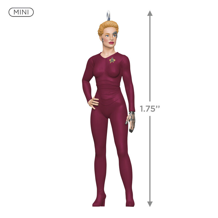Mini Seven of Nine ornament in maroon suit with visible Borg implants, Hallmark Keepsake Star Trek Voyager Christmas collectible