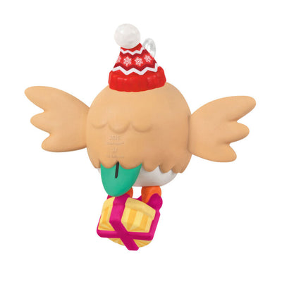 Mini Rowlet ornament, beige owl with green bow tie, red winter hat, and yellow gift box, Hallmark Keepsake Pokémon Christmas collectible
