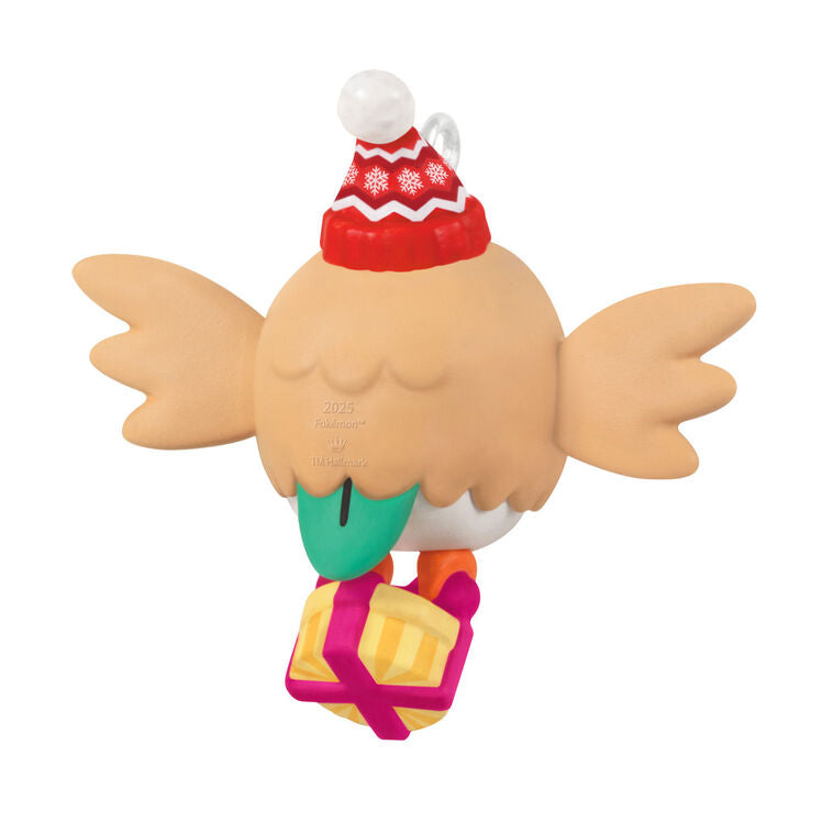 Mini Rowlet ornament, beige owl with green bow tie, red winter hat, and yellow gift box, Hallmark Keepsake Pokémon Christmas collectible
