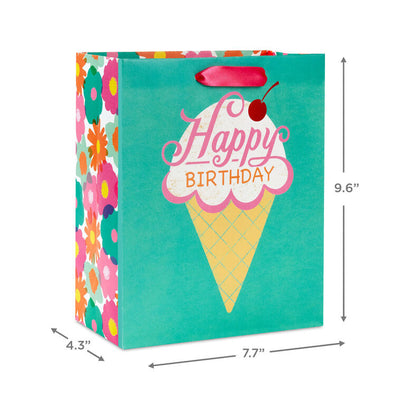 Hallmark birthday gift bag with colorful ice cream cone design, whimsical font, and red foil cherry on green background.