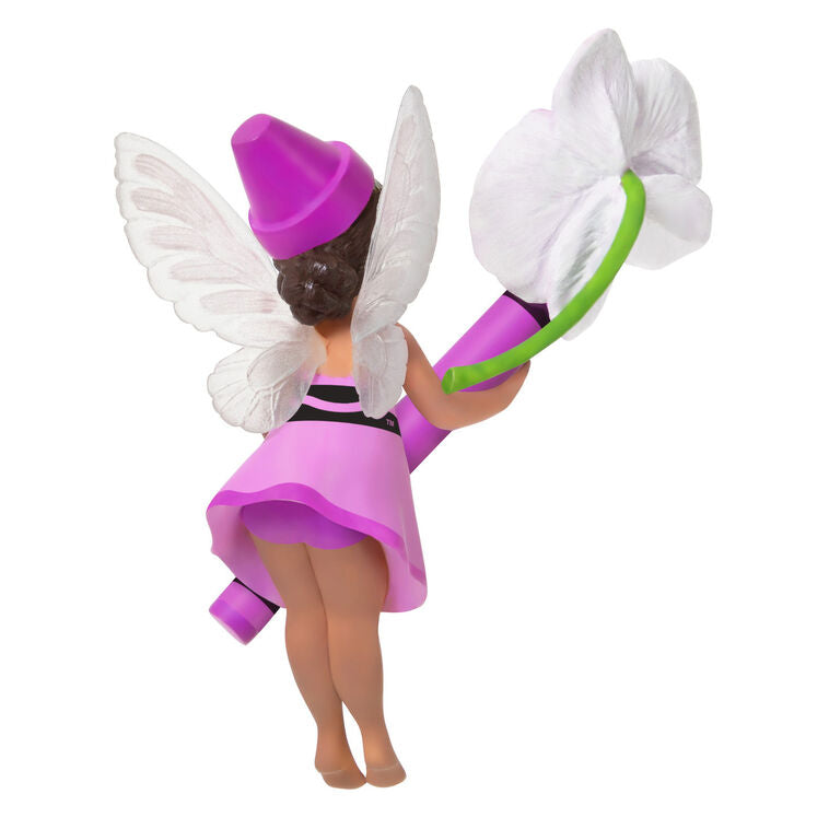Hallmark Keepsake Crayola Orchid Fairy ornament, pixie in pink with wings, holding a Crayola crayon and flower.
