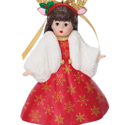 Deer Santa Wendy in red dress with gold snowflakes, antler headband, gold shoes, and white shrug, Hallmark Keepsake ornament