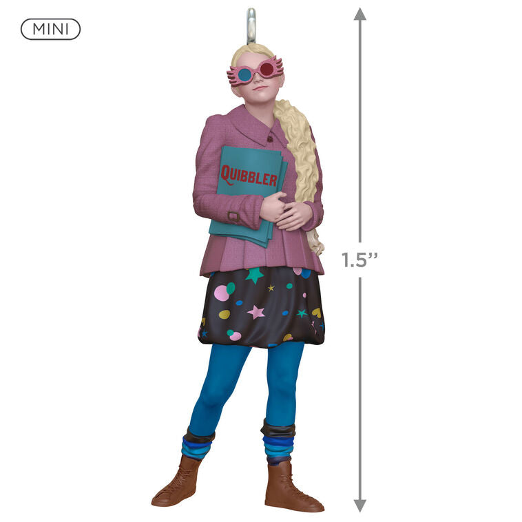Luna Lovegood in purple coat holding The Quibbler and wearing Spectrespecs, mini Hallmark Christmas ornament, Harry Potter collectible