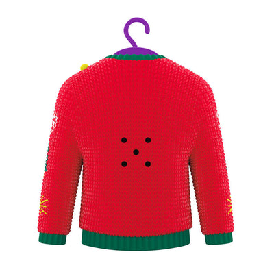 Red and green Christmas sweater ornament with gingerbread man, candy, and lights, plays "Carol of the Bells."

