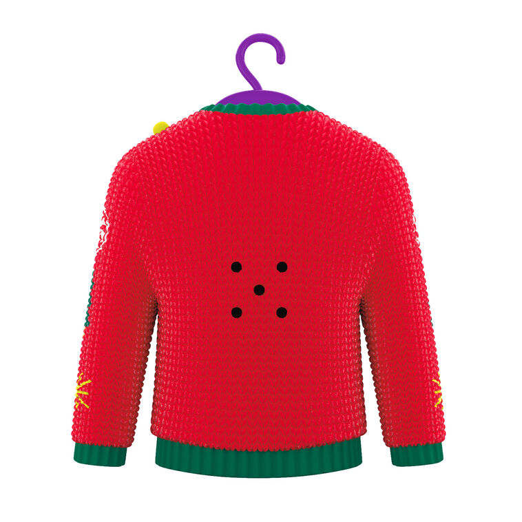 Red and green Christmas sweater ornament with gingerbread man, candy, and lights, plays "Carol of the Bells."

