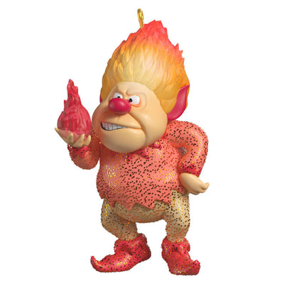 Heat Miser Christmas tree ornament from The Year Without a Santa Claus, featuring a red-hot fireball, glowing hair, and nostalgic holiday design