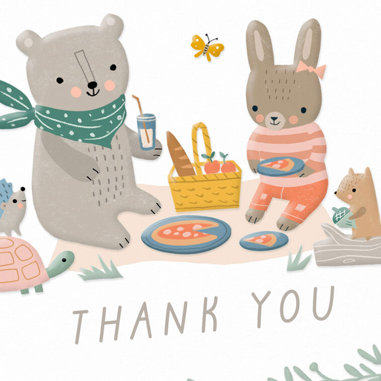 Baby thank you cards with bear and bunny picnic illustration framed by greenery, includes 10 blank white cards and kraft envelopes