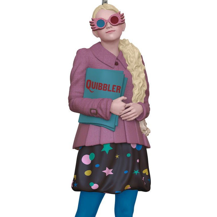 Luna Lovegood in purple coat holding The Quibbler and wearing Spectrespecs, mini Hallmark Christmas ornament, Harry Potter collectible
