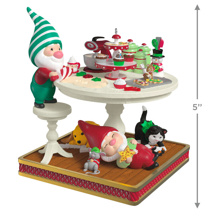 Gnome rolls cookie dough on baking table with hamster and tools, while animals play beneath in this Hallmark Keepsake ornament.