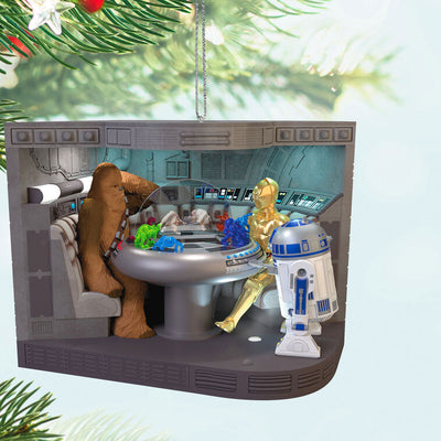 Star Wars Let the Wookiee Win ornament, Chewbacca, R2-D2, holochess scene, video, light and sound, Hallmark Keepsake, Christmas decoration.
