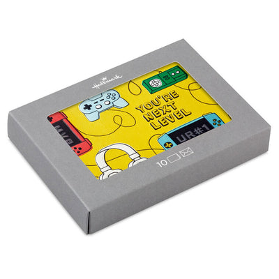 Fun Hallmark blank note cards with video game controllers and cords on a bright yellow background, boxed set of 10 with envelopes.
