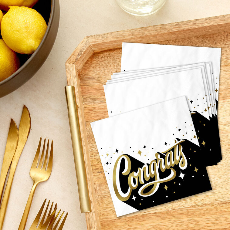 Congrats in Gold and Black Graduation Cocktail Napkins, Pack of 20