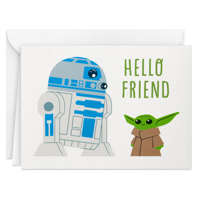 Hallmark Star Wars note cards featuring R2-D2 and Grogu with “Hello Friend” text on a white background, boxed set of 10 with envelopes.
