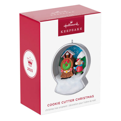Hallmark Keepsake Cookie Cutter Christmas ornament—silver cookie cutter snow globe with mouse on gingerbread train, frosting and candy details