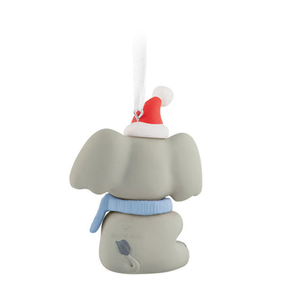 Gray elephant ornament with Santa hat and pink scarf, holding a 2025 baby girl’s first Christmas ribbon.