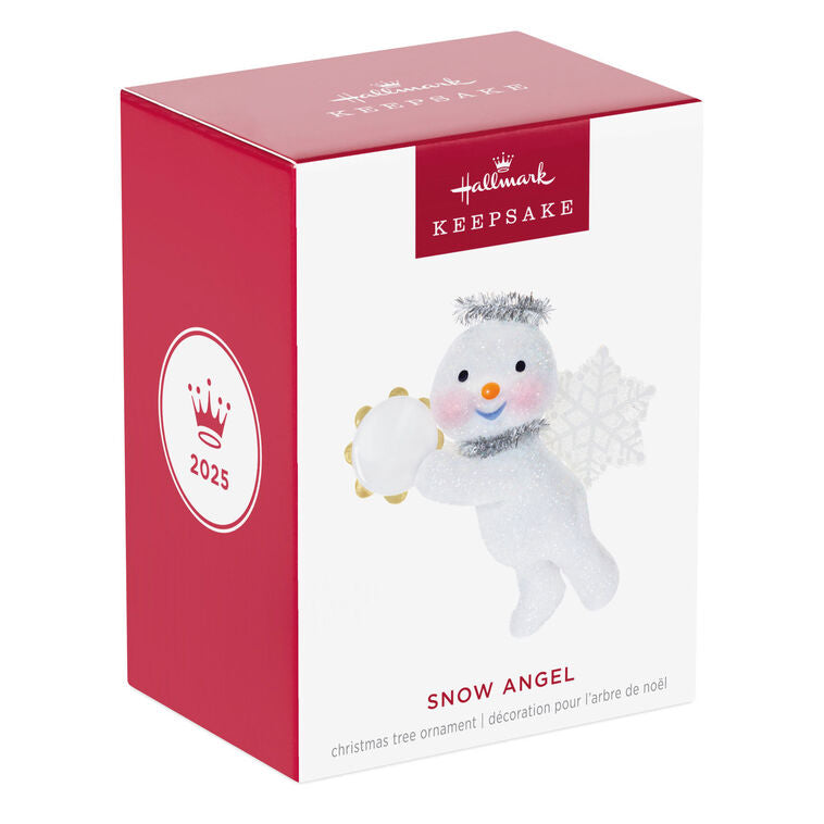 Glittery snow angel snowman ornament with tinsel halo, snowflake wings, rosy cheeks, and holding a tambourine

