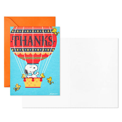 Snoopy and Woodstock flying in red and yellow hot air balloon on thank you cards, includes 12 blank notes with orange-lined envelopes