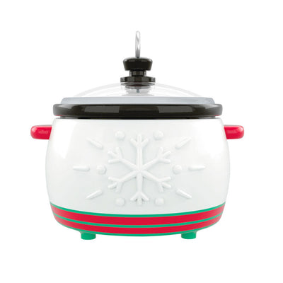 Mini slow cooker Christmas ornament with snowman face, red and green accents, Hallmark Keepsake holiday collectible