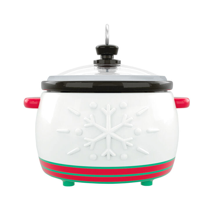 Mini slow cooker Christmas ornament with snowman face, red and green accents, Hallmark Keepsake holiday collectible