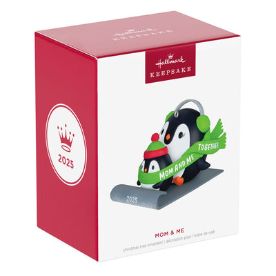 2025 Christmas ornament of mom and child penguins sledding together, green scarf with sweet message, festive holiday decor

