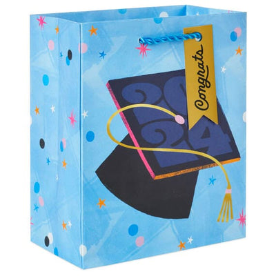 2024 Mortarboard on Blue Small Graduation Gift Bag, 6.5"