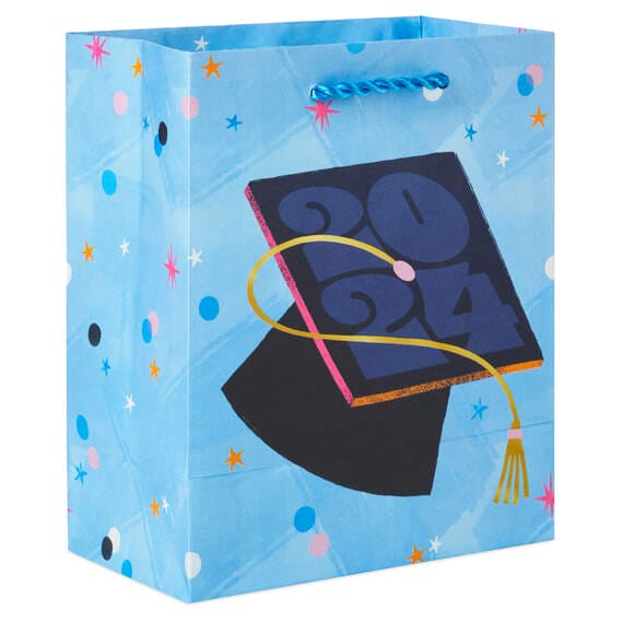 2024 Mortarboard on Blue Small Graduation Gift Bag, 6.5"