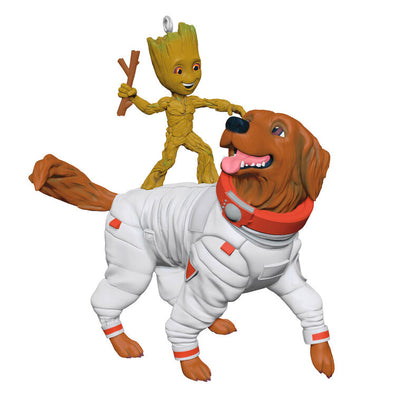 Groot and Cosmo ornament, Guardians of the Galaxy, playful dog and tree hero, Hallmark Keepsake, Christmas tree decoration.