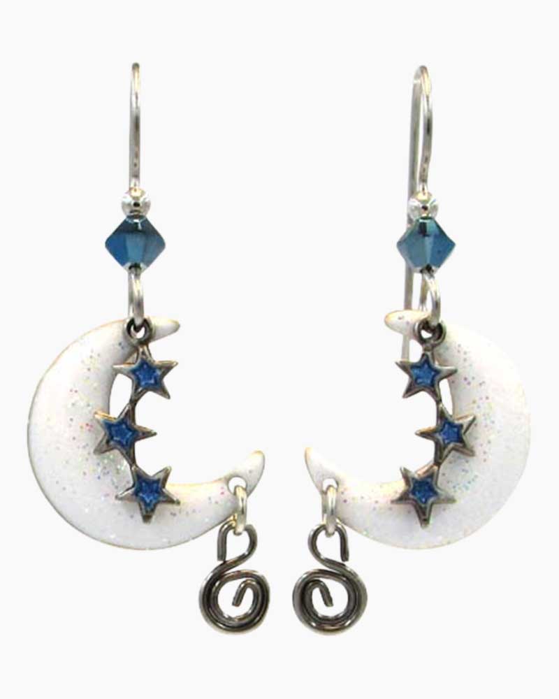 Gold-tone crescent moon and star dangle earrings with white glitter and blue crystal accents.

