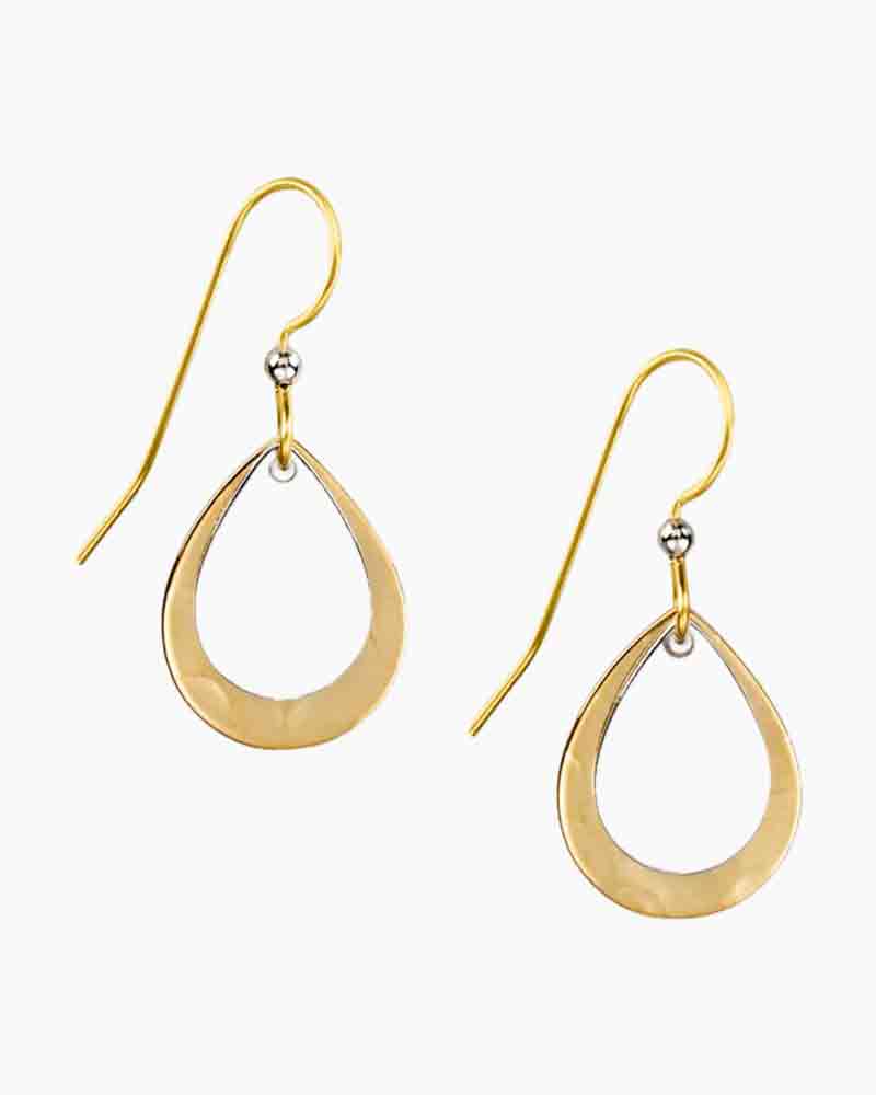 Silver Forest two-tone layered teardrop earrings in gold and silver, 1.25 inches long with surgical steel ear wires and 18K 
