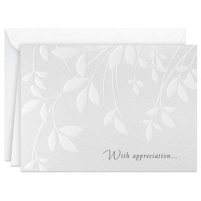 Soft white leaves and branches on cream sympathy cards with embossed message, includes 10 blank cards and envelopes