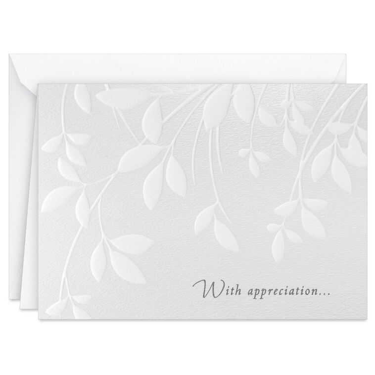 Soft white leaves and branches on cream sympathy cards with embossed message, includes 10 blank cards and envelopes