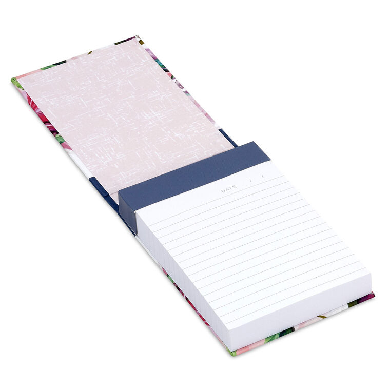 Small list pad with slate blue header and floral fabric cover featuring pink and white blossoms.
