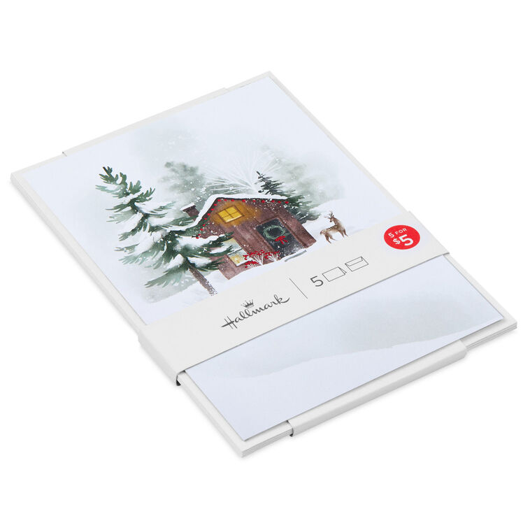 Snowy Cabin and Deer Packaged Christmas Cards, Set of 5