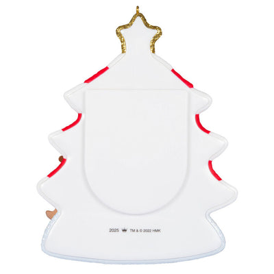 Red and white glittered Christmas tree photo frame ornament with 2025 star topper, baby’s photo slot, and reindeer calf accent.