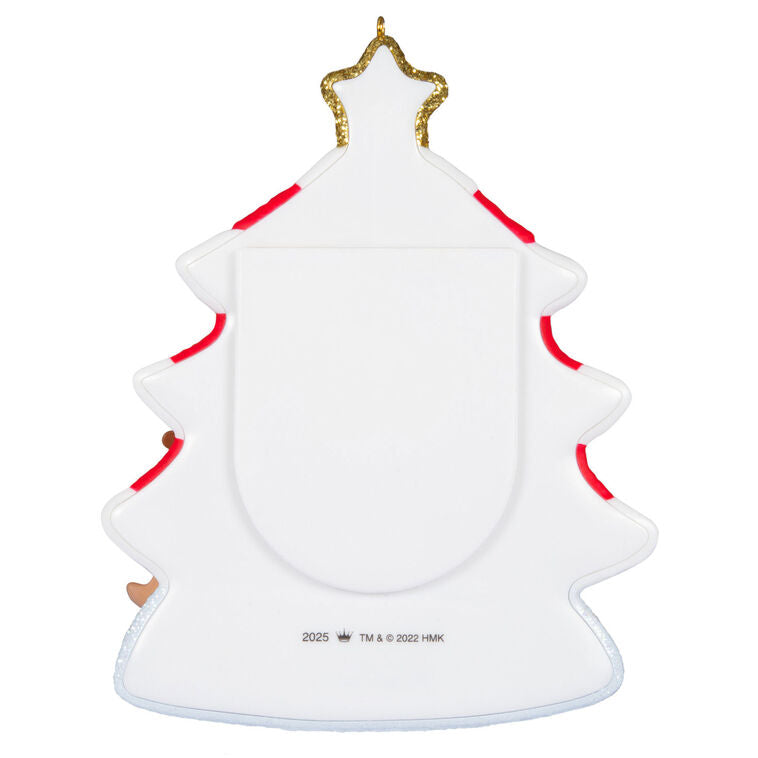 Red and white glittered Christmas tree photo frame ornament with 2025 star topper, baby’s photo slot, and reindeer calf accent.