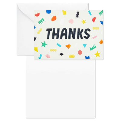 Thank you cards with colorful confetti and bold black lettering on cream background, includes 24 blank cards and envelopes in kraft box