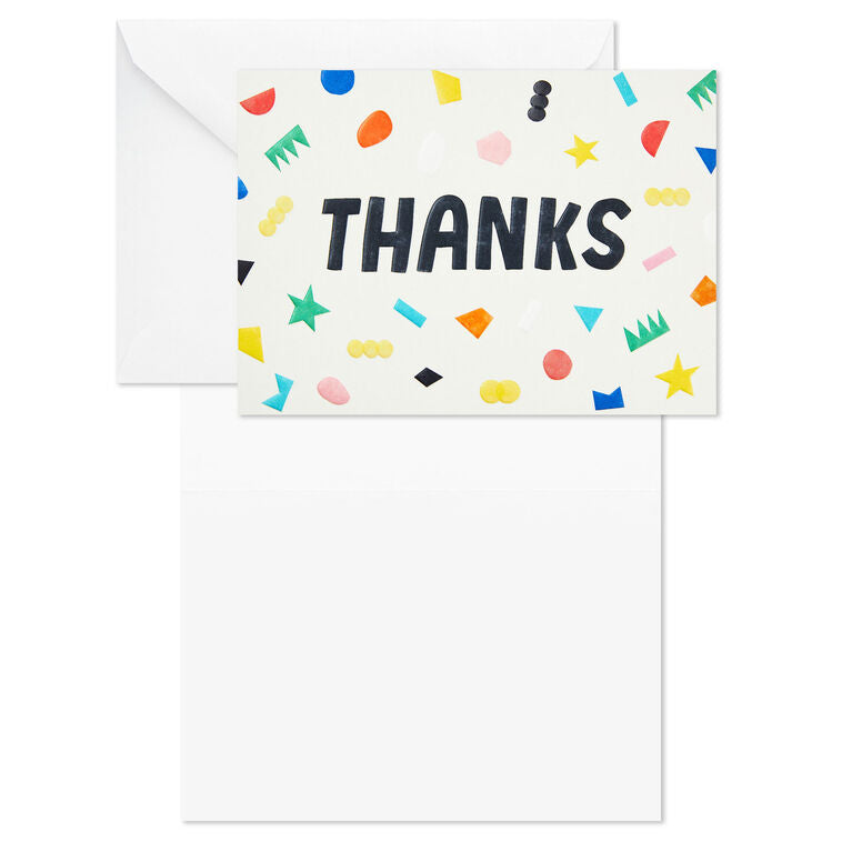 Thank you cards with colorful confetti and bold black lettering on cream background, includes 24 blank cards and envelopes in kraft box