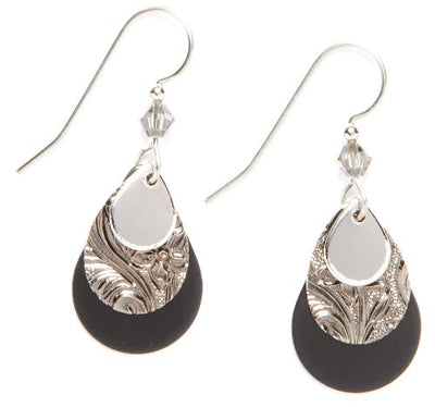 Triple-layer silver-tone teardrop earrings with black matte and crystal accent.
