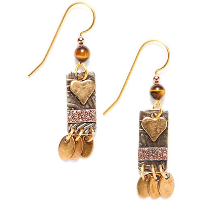 Silver Forest tri-tone rectangle earrings with artisan heart, oval drops, and tiger's eye bead accent, 1.75 inches long.
