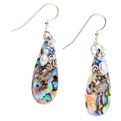 Teardrop earrings with colorful turtle design, handcrafted with silver-tone and nature detail.
